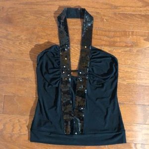 Dressy open slit black sequin top